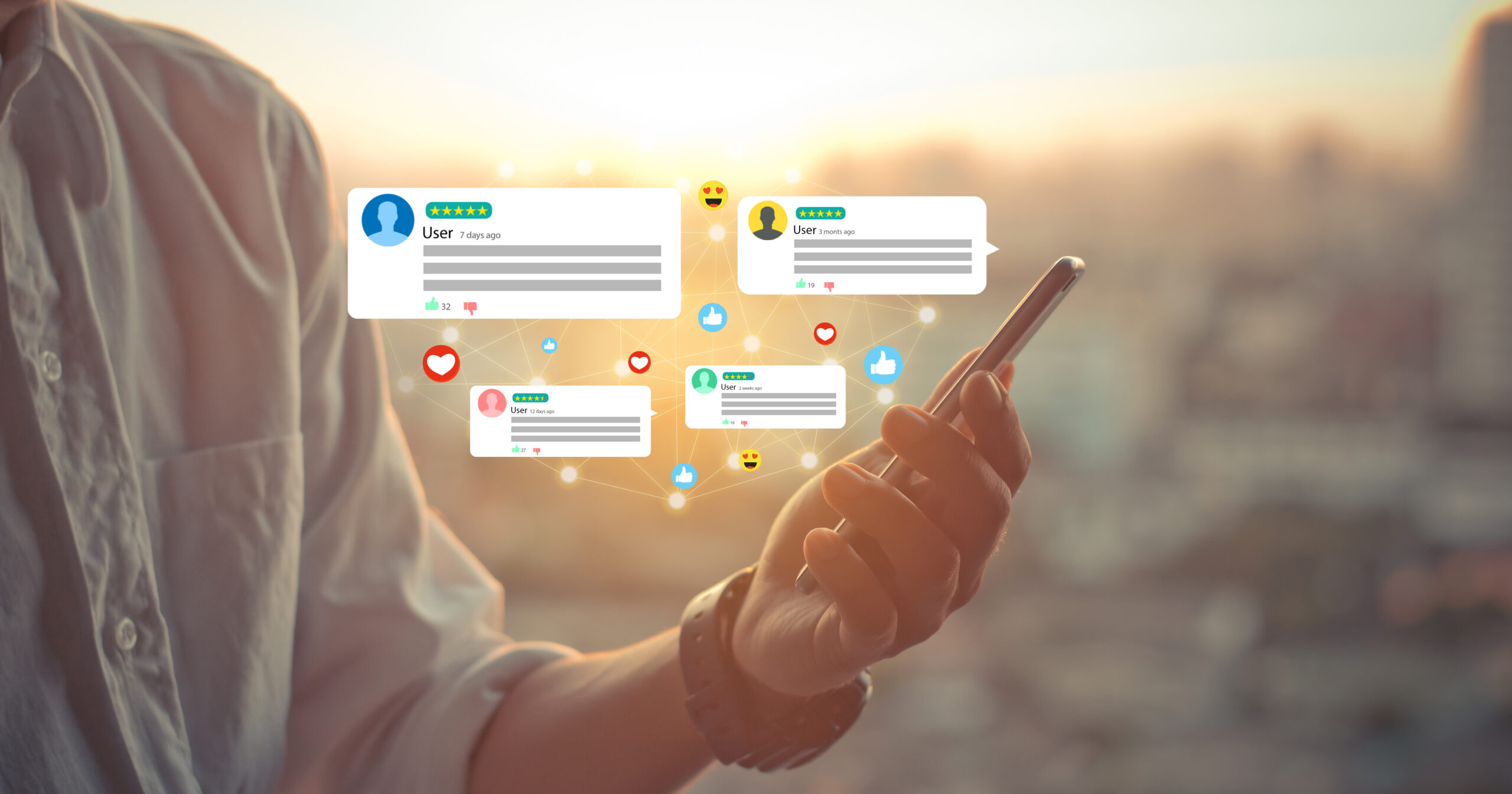 customer feedback,experience,review concept.Hands holding mobile phone